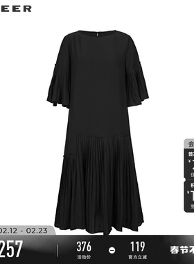 sdeer圣迪奥春秋装女装时尚圆领压褶喇叭袖连衣裙S243Z1224