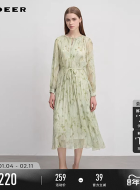 sdeer圣迪奥女装春秋装圆领风琴褶收腰印花长袖连衣裙S243Z1205