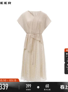 sdeer圣迪奥夏装女装复古V领收腰网纱短袖连衣裙S242Z12D7