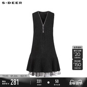 sdeer圣迪奥冬装 女装 V领网纱拼接毛呢背带连衣裙S234Z12C5