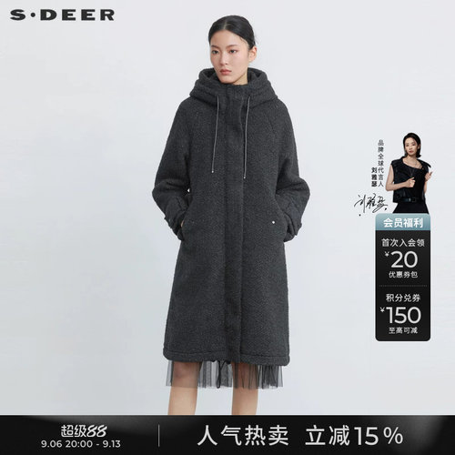 sdeer高领连帽摇粒绒长款大衣