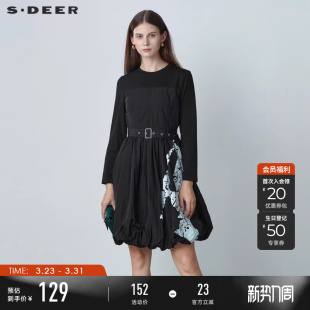 sdeer圣迪奥女装 圆领收腰撞色国风印花连衣裙S221Z1218 春装