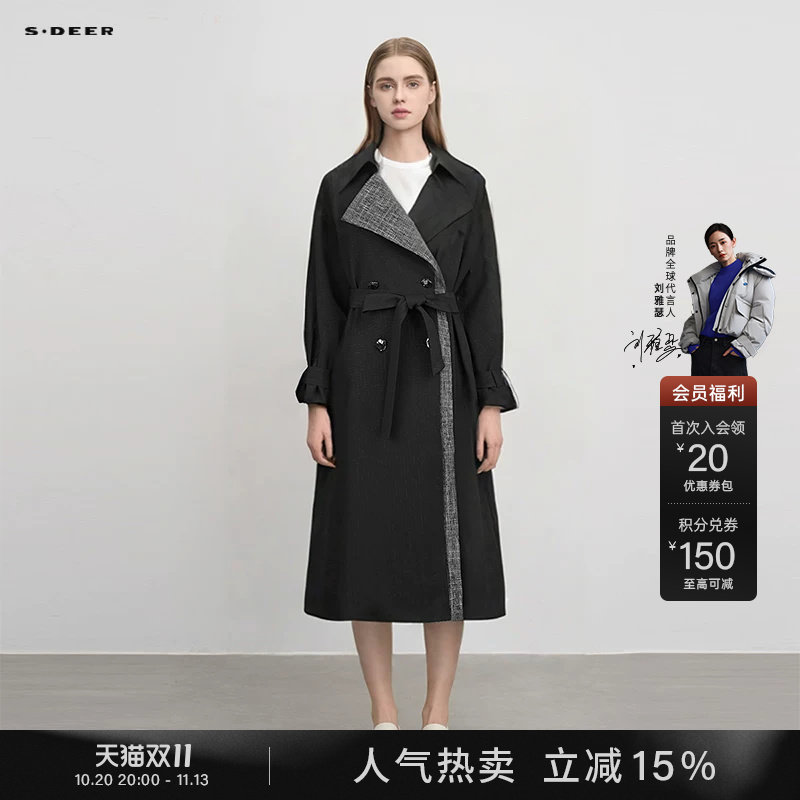 sdeer圣迪奥秋冬装女装时尚翻领印花收腰长款风衣S244Z1804