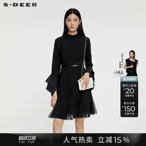 sdeer圣迪奥春秋装女装圆领收腰网纱喇叭袖连衣裙S231Z1214
