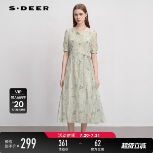 sdeer圣迪奧夏女淡人穿搭V領(lǐng)盤扣碎花收腰新中式 連衣裙S242Z12R7