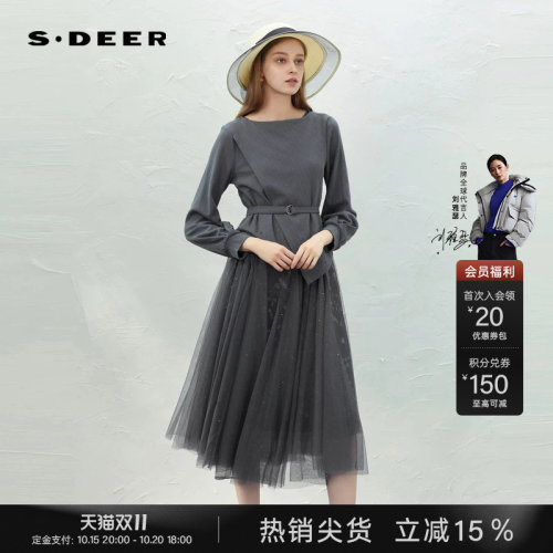 s.deer网纱印花收腰针织衫连衣裙