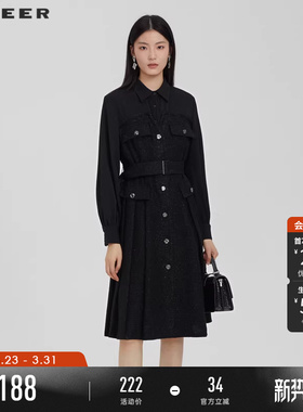 sdeer圣迪奥女装翻领拼接收腰格纹衬衫气质连衣裙春女S231Z1225