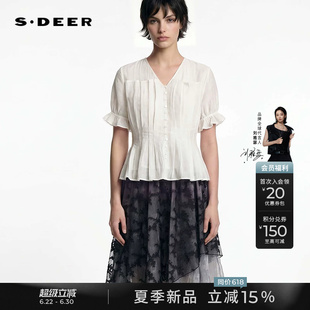 sdeer圣迪奥26年夏季新品甜美文艺V领压褶拼接莱赛尔短袖衬衫女