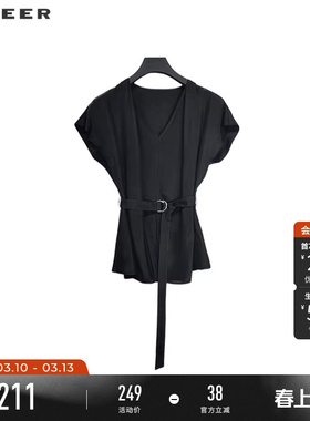 sdeer圣迪奥夏装女装OL风V领收腰垂坠雪纺短袖衬衫S242Z0442