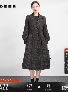 sdeer圣迪奥冬季女装西装领格纹收腰灯笼袖长款羽绒服S234Z2404