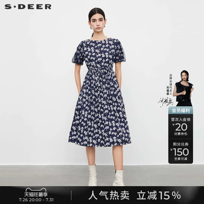 s.deer碎花收腰网纱泡泡袖连衣裙