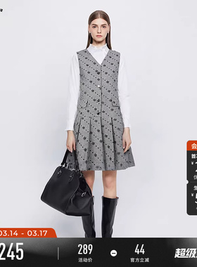 sdeer圣迪奥冬季女装学院风V领印花毛呢无袖连衣裙S244Z1289