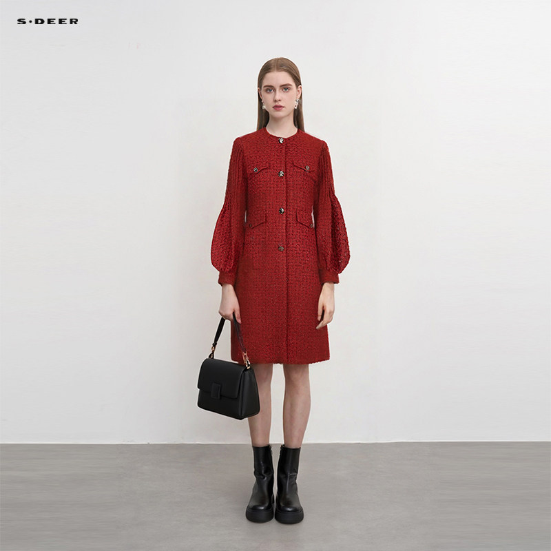 sdeer圣迪奥冬装女装圆领格纹压褶灯笼袖大衣式羽绒服S234Z2481