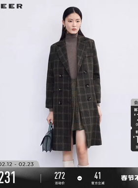 sdeer圣迪奥冬季女装西装领双排扣格纹毛呢大衣S224Z2512