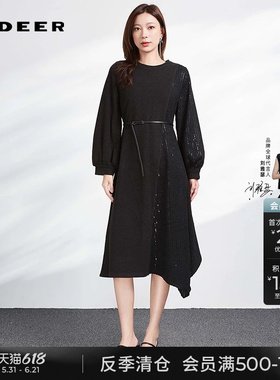 sdeer圣迪奥秋冬装女装圆领肌理拼接收腰不规则连衣裙S234Z12A2
