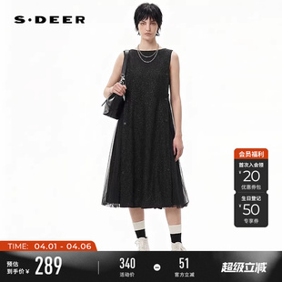 sdeer圣迪奥女装 连衣裙S244Z1258 复古圆领网纱拼接宽松无袖