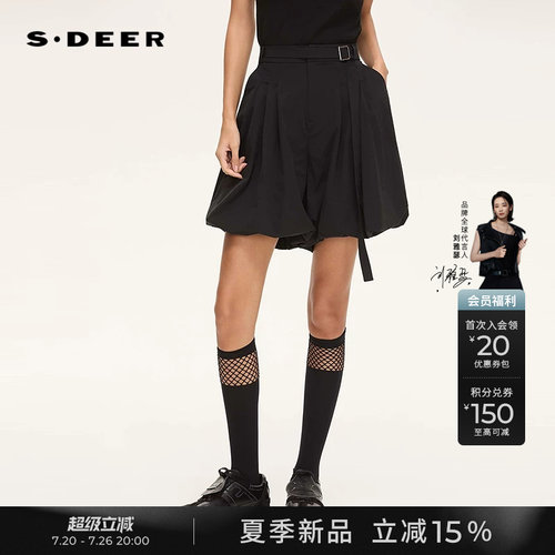 sdeer复古高腰系带压褶A字短裤