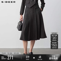 sdeer圣迪奥冬季女装OL风高腰百褶条纹毛呢A字伞裙S23481111