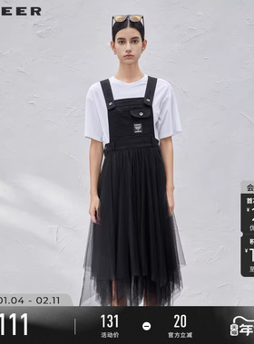 sdeer圣迪奥女装春秋装学院风字母网纱背带连衣裙S211T1207
