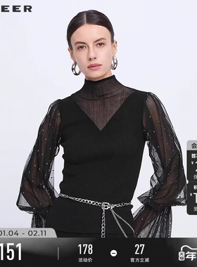 sdeer圣迪奥春秋装女装高领镂空波点网纱泡泡袖针织衫S233D3506