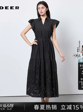 sdeer圣迪奥夏季女装收腰绣花短袖黑色连衣裙S252Z1298