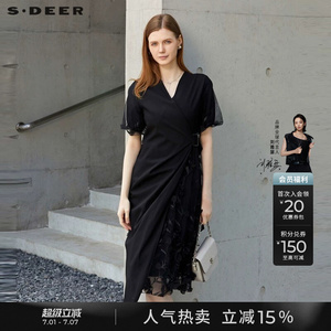 sdeer圣迪奥夏季女装V领收腰网纱绣花不对称黑色连衣裙S23281208