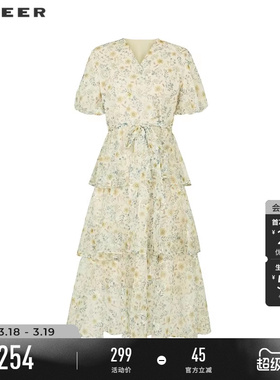 sdeer圣迪奥夏季女装V领碎花收腰网纱泡泡袖连衣裙S242Z1236