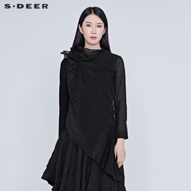 sdeer圣迪奥女上衣夏装不规则网纱花边拼接黑色长袖t恤s20280207