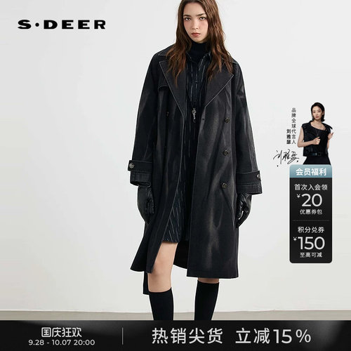 sdeer翻领收腰做旧牛仔长款风衣