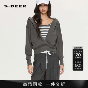 【商场同款】sdeer圣迪奥女26年新品连帽撞色条纹拼接宽松针织衫