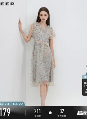 sdeer圣迪奥碎花裙女夏季V领初恋感甜美茶歇连衣裙S223Z122A