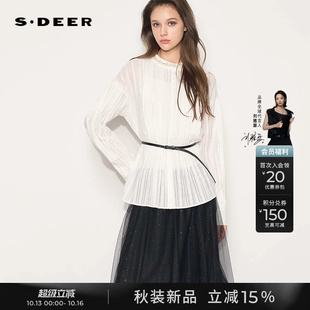 sdeer圣迪奥26年秋新品复古圆领钉珠风琴褶宽松长袖衬衫S263Z0524