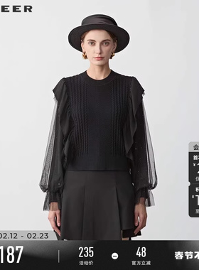 sdeer圣迪奥春秋装女装罗纹圆领钩花网纱拼接针织衫S223Z3558