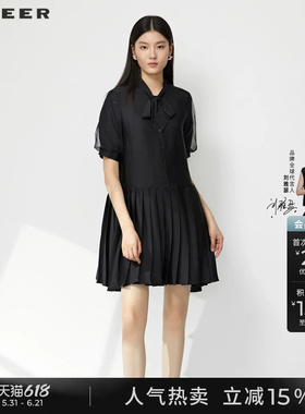 sdeer圣迪奥夏季女装小黑裙学院风系带网纱衬衫连衣裙S232Z12L8