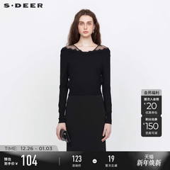 sdeer圣迪奥春秋装优雅V领蕾丝花边黑色针织衫女S22183514