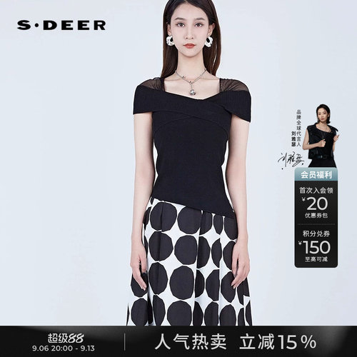 sdeer交叉拼接网纱不规则针织衫
