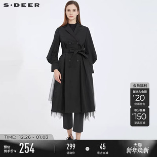中长款 sdeer圣迪奥春秋装 黑色衬衫 法式 风衣S21181801 收腰灯笼袖