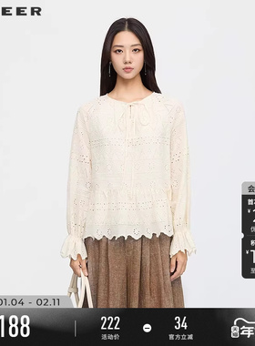 sdeer圣迪奥女装25秋季度假风圆领系带镂空绣花上衣S253Z3202