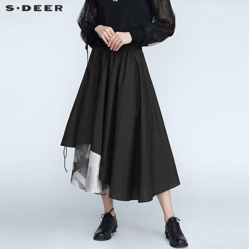 sdeer圣迪奥女装秋冬装复古优雅松紧水墨晕染不规则长裙s21161102