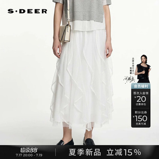 sdeer圣迪奥女26年夏新品文艺网纱花边白色半身裙长裙 S262Z1113