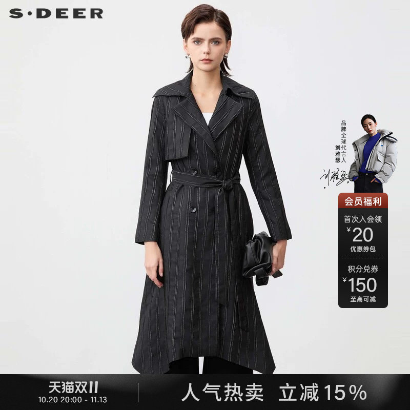 sdeer圣迪奥春秋装女装翻领收腰不规则长款风衣外套S24181801