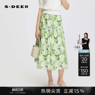 sdeer圣迪奥女装夏季度假风松紧高腰印花抽褶A字半身裙S252Z1135