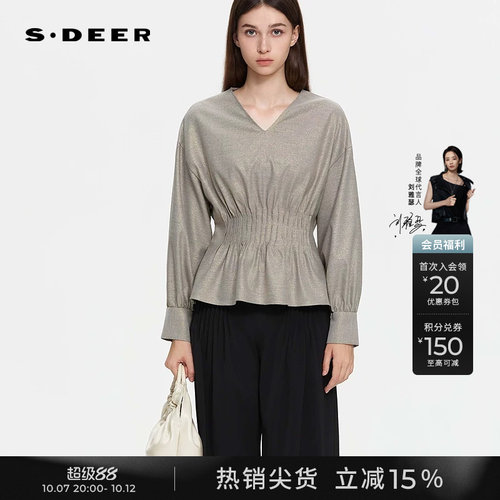 sdeerOL风V领压褶落肩袖衬衫
