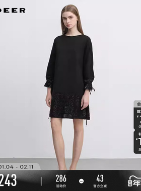 sdeer圣迪奥秋冬季女装时尚圆领系带亮片拼接连衣裙S244Z12B2