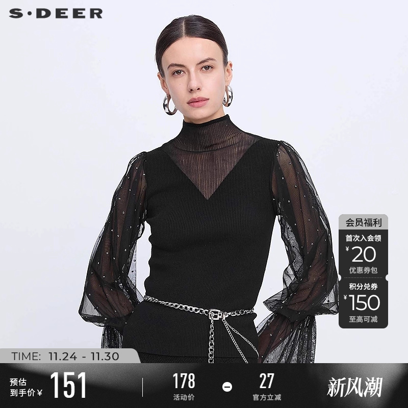 s.deer镂空波点网纱泡泡袖针织衫