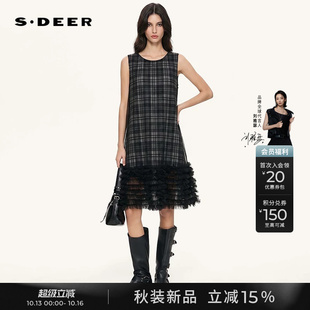 sdeer圣迪奥女装26秋新款圆领撞色印花网纱无袖连衣裙S263Z1209