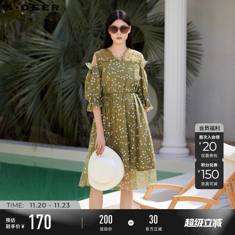 sdeer复古V领露肩网纱法式茶歇裙