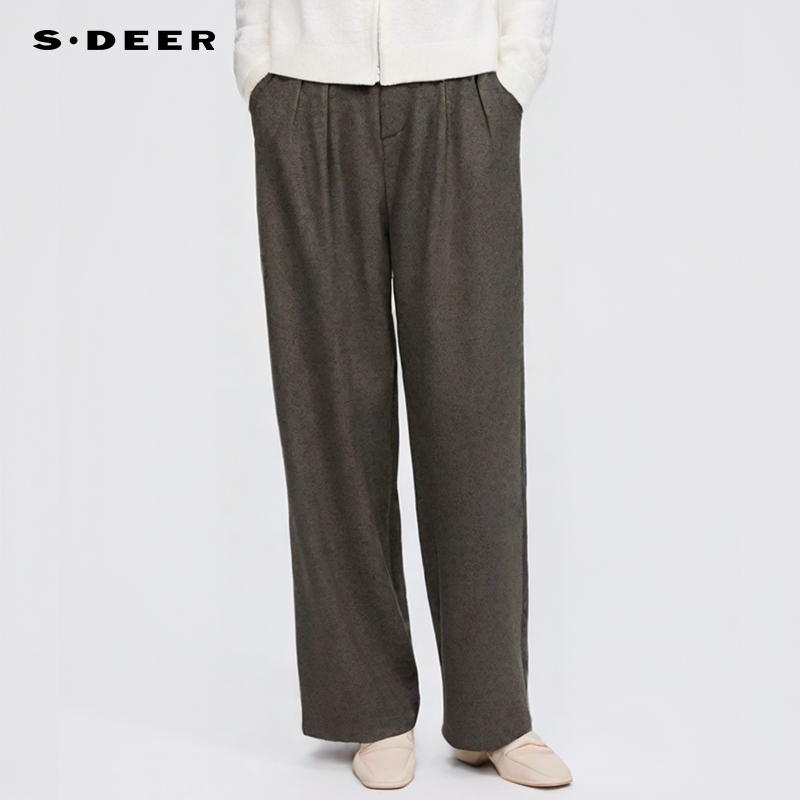 【商场同款】sdeer圣迪奥女OL风高腰压褶插袋毛呢长裤S25480821