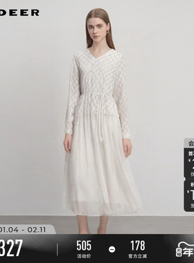 sdeer圣迪奥2025秋装V领格纹收腰网纱连衣裙套装S243Z1410