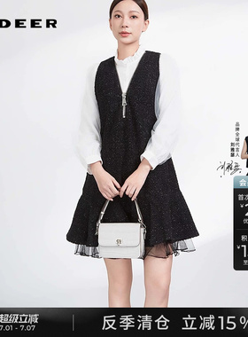 sdeer圣迪奥冬装女装V领网纱拼接毛呢背带连衣裙S234Z12C5